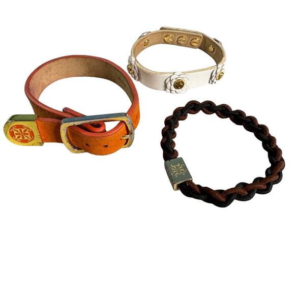 Lot of 3 Rustic Cuff Bracelets Leather Orange White Brown - Picture 1 of 9